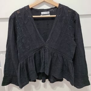 UO Black V-Neck Embroidered Top